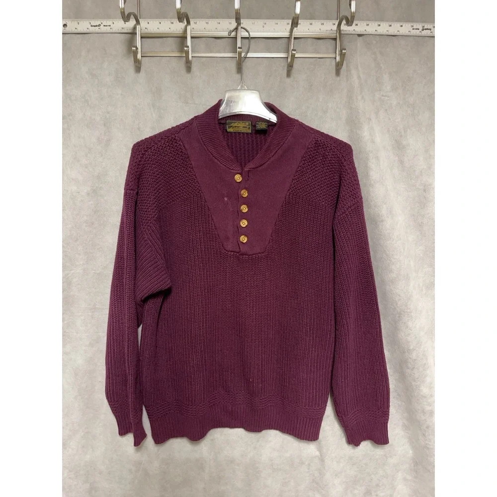 VTG Eddie Bauer Sweater Men L Maroon Chunky‎ Knit Henley Pullover Heavy Nordic - Picture 2 of 10